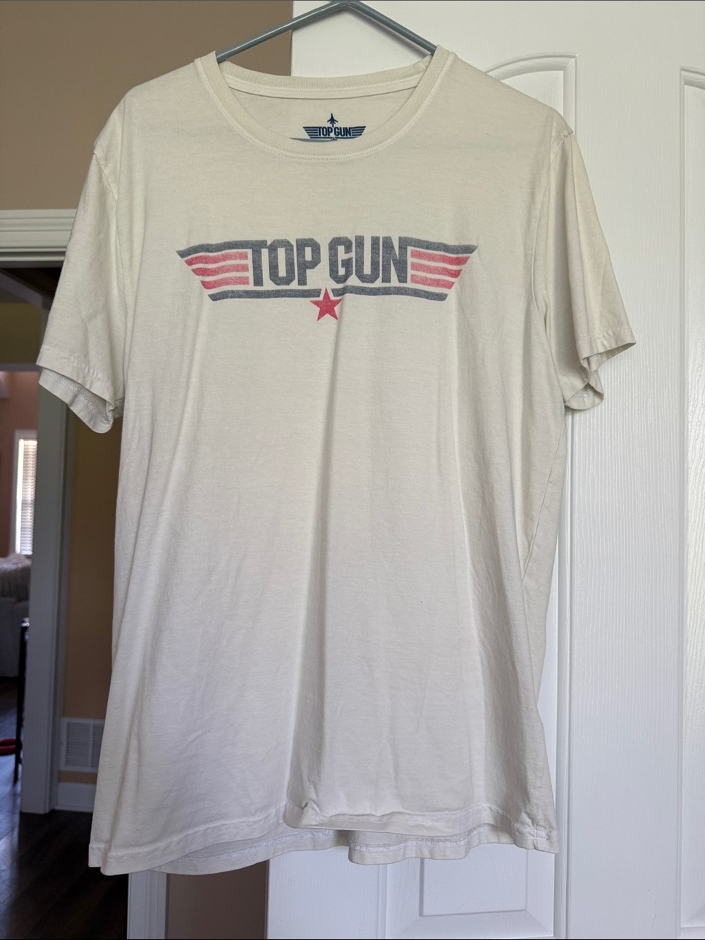 Lucky Brand Cream Top Gun Graphic Tee with Blue and Red Accents
